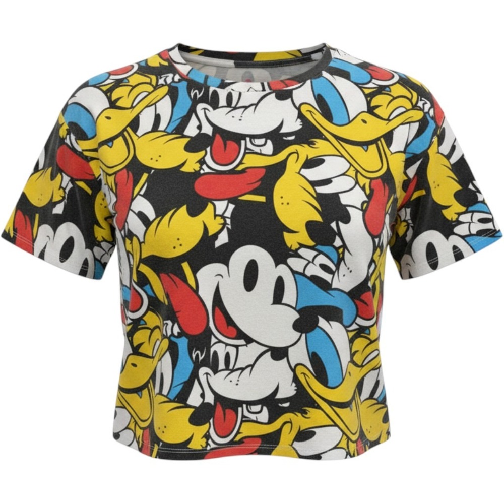 Disney Mickey Mouse Donald Duck Pluto All Over Print Crop Top Tee Small